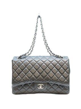 Chanel Black Lambskin Silver Single Flap Bag Maxi Quilted 34